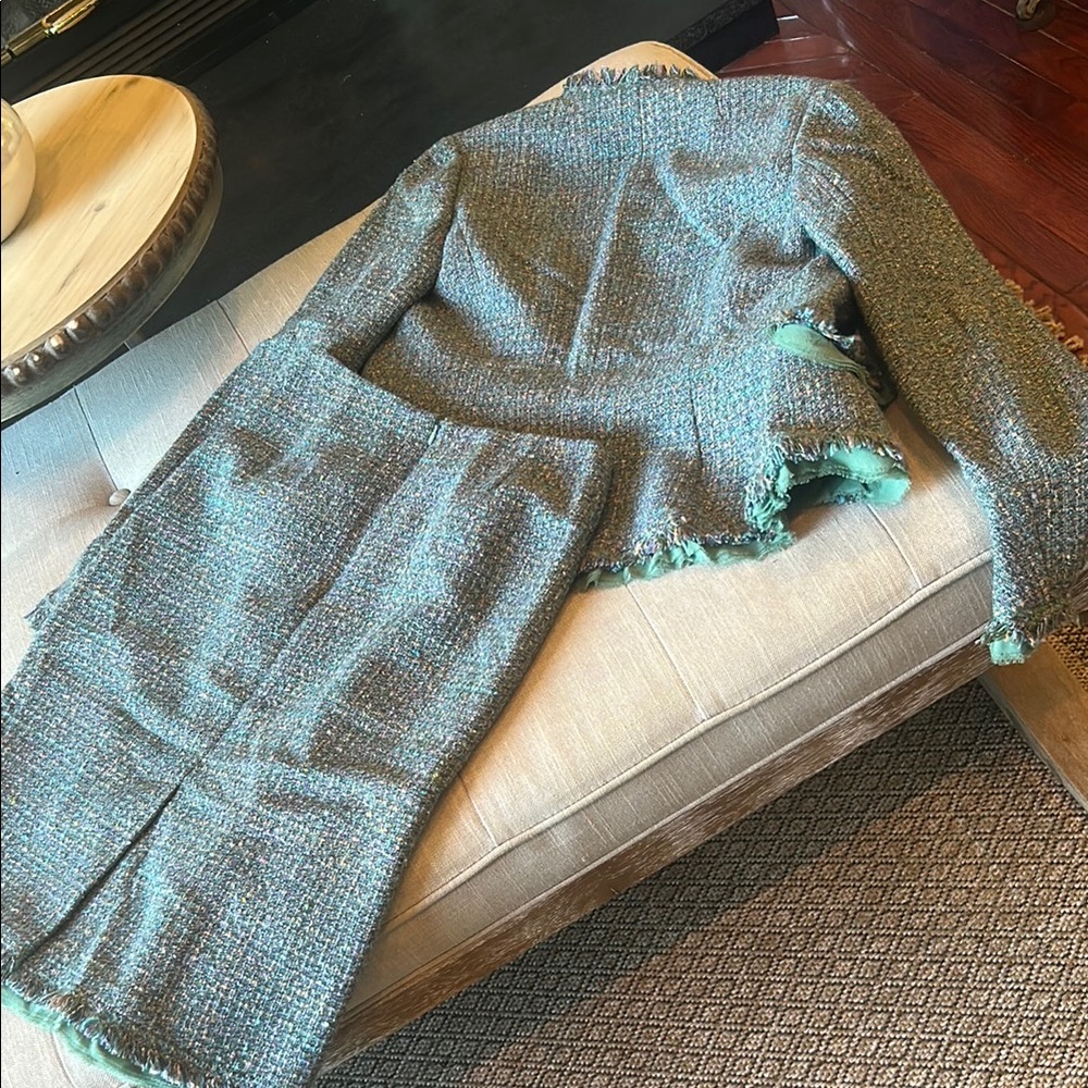 Lillie Rubin Teal Tweed Two Piece Skirt Blazer Set Size 2 - Picture 9 of 15